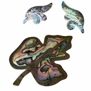 Vintage Taxco 925 Silver Abalone Shell Leaf Brooch Earrings Matching Jewelry Set